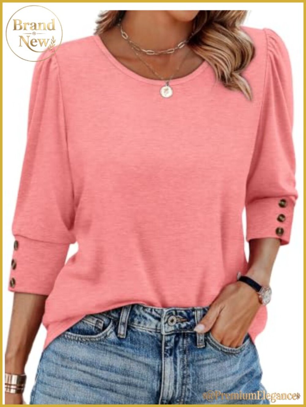 Womens 3/4 Sleeve Button Accent Blouse Casual Work Top Flowy Scoop Neck